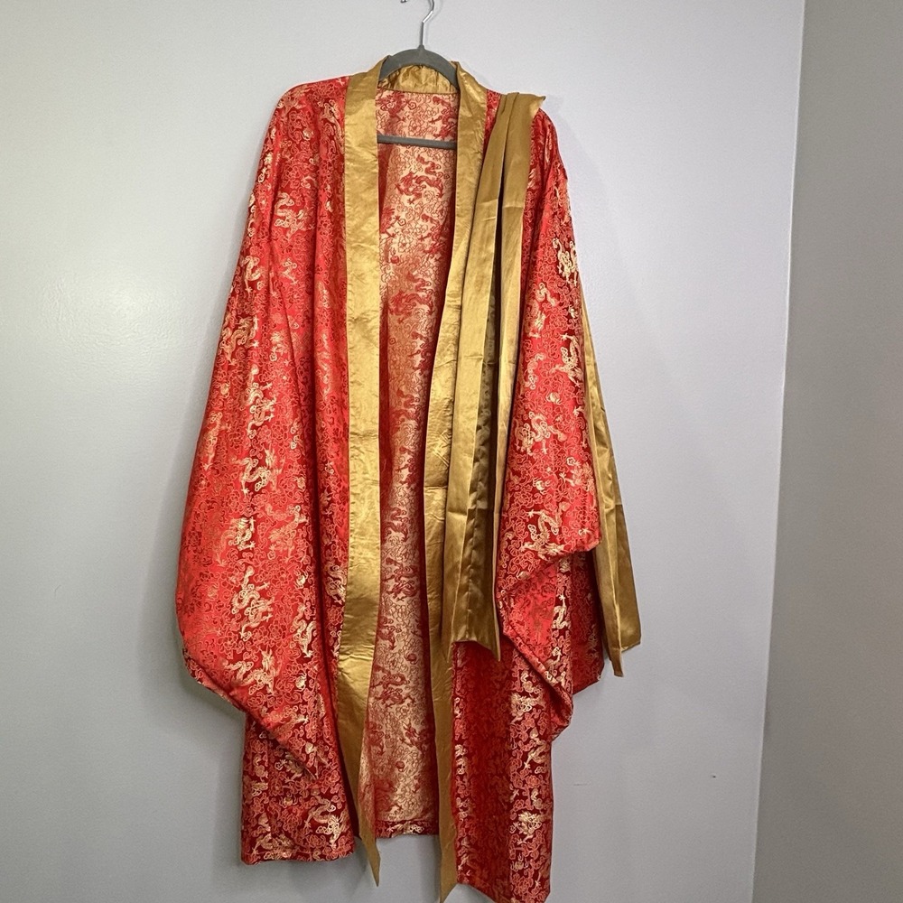 Vintage Chinese Dragon Phoenix Satin Brocade Kimono Robe Red And Gold Unisex